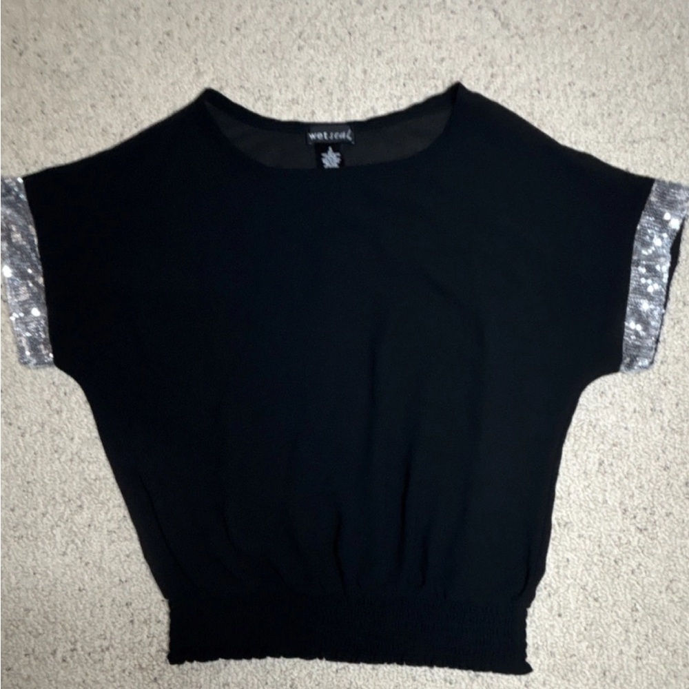 Wet Seal Black Short Sleeve Top with Silver Sequin Sleeve Accents